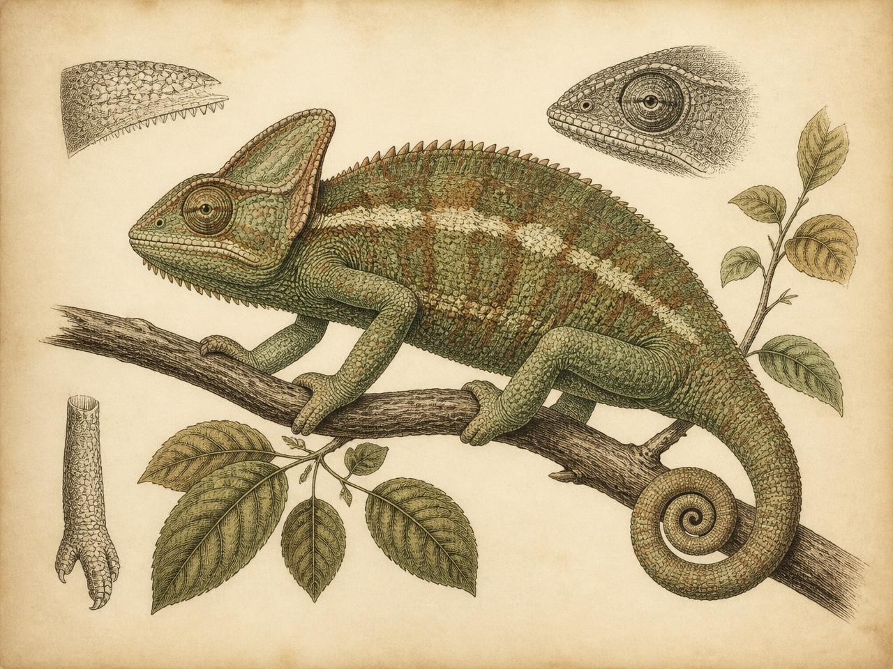 Prancha naturalista de um camaleão sobre um galho
